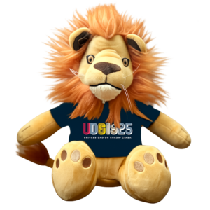 Muñeco de peluche león conmemorativo playera azul marino UDG 1925